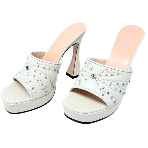 NWT Gucci GG Logo Marmont Platform Heels White Stud Claire Fluted Sandals EU37.5 - Picture 11 of 11